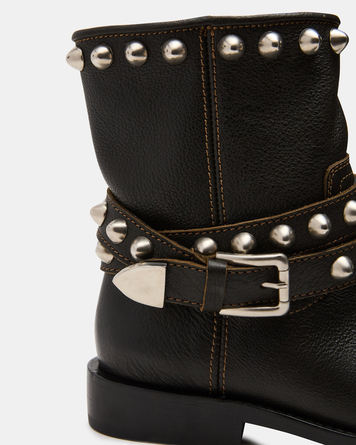 ORBIT Black Distressed Gold Detail Moto Women's Ankle Boot | Steve Madden