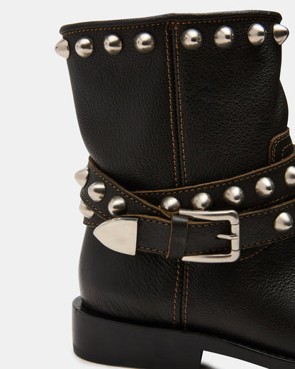 ORBIT Black Distressed Gold Detail Moto Women's Ankle Boot | Steve Madden