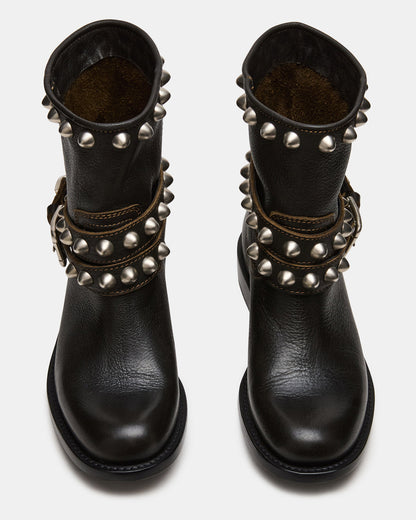 ORBIT Black Distressed Gold Detail Moto Women's Ankle Boot | Steve Madden