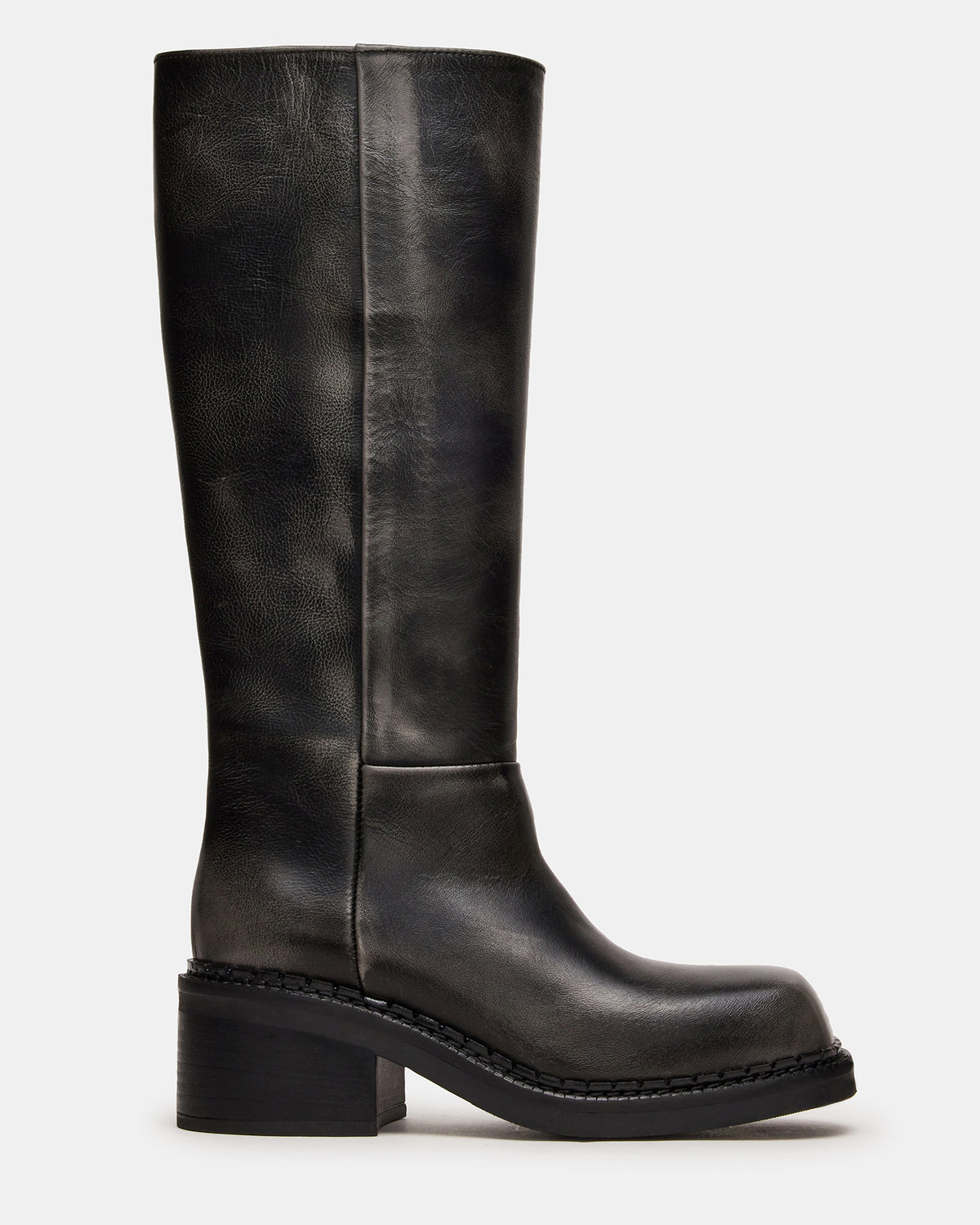 DAVOS Black Distressed Square-Toe Knee High Block Heel Women's Boot | Steve Madden