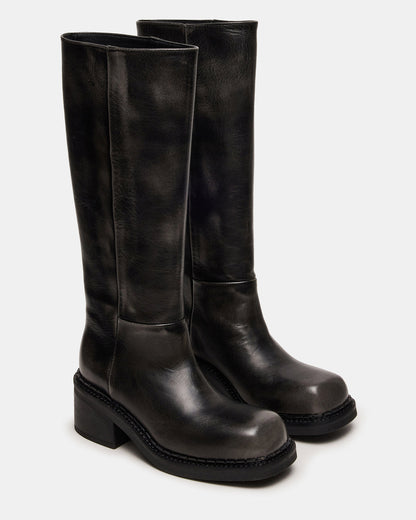 DAVOS Black Distressed Square-Toe Knee High Block Heel Women's Boot | Steve Madden