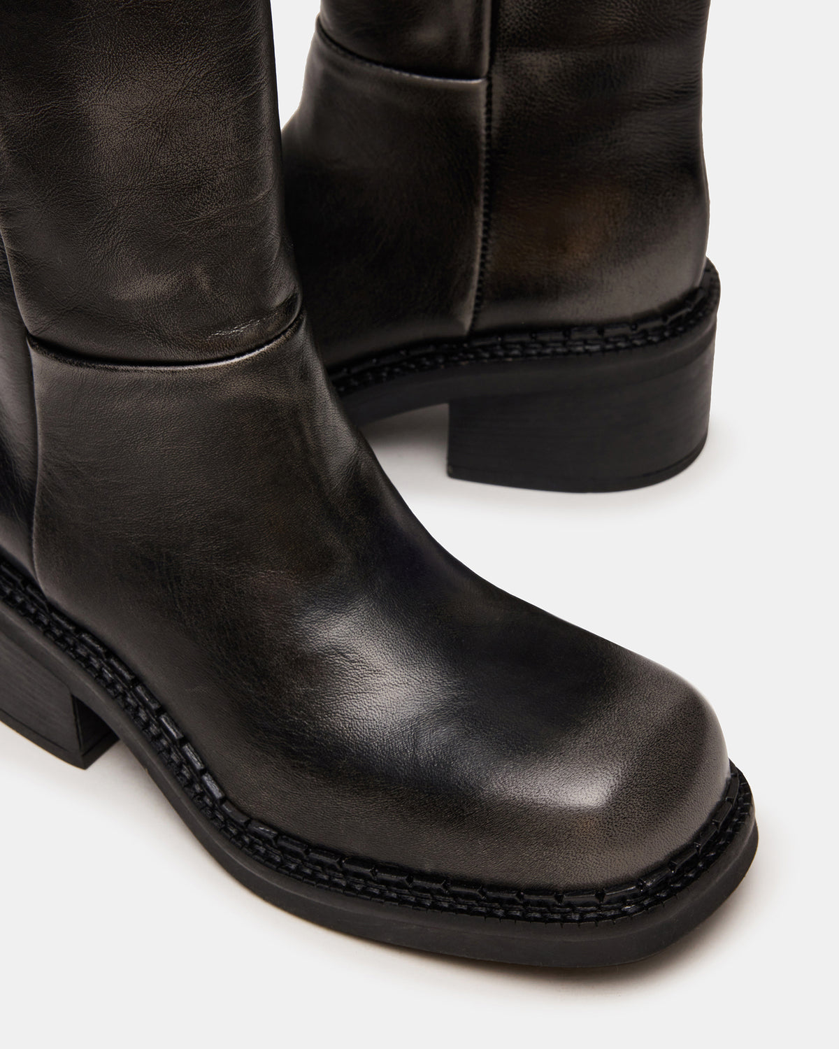 DAVOS Black Distressed Square-Toe Knee High Block Heel Women's Boot | Steve Madden