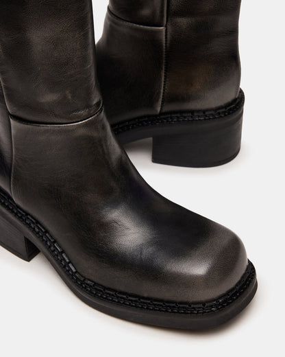 DAVOS Black Distressed Square-Toe Knee High Block Heel Women's Boot | Steve Madden