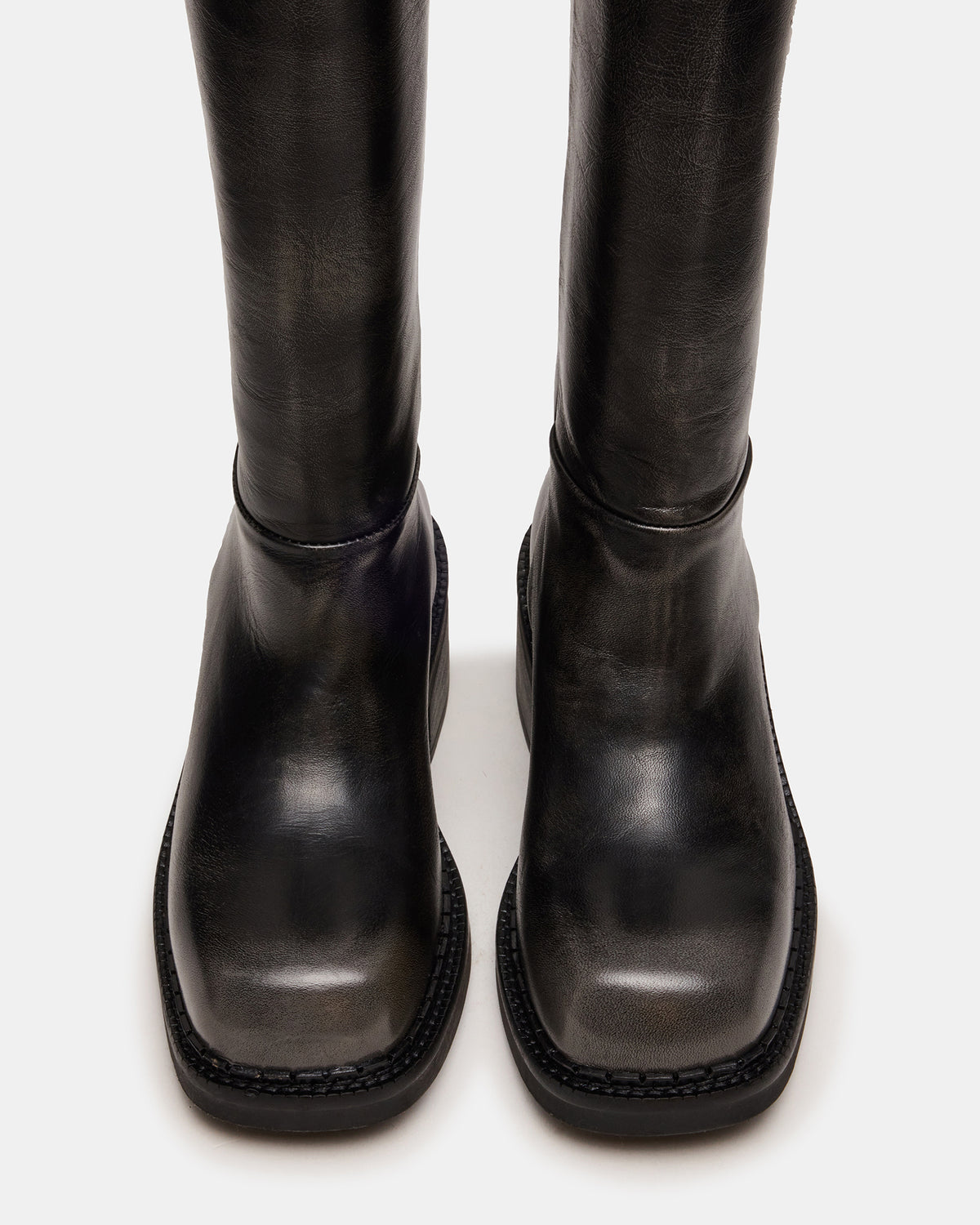DAVOS Black Distressed Square-Toe Knee High Block Heel Women's Boot | Steve Madden