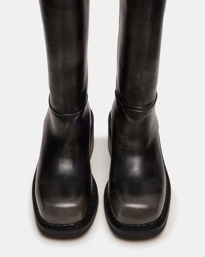 DAVOS Black Distressed Square-Toe Knee High Block Heel Women's Boot | Steve Madden