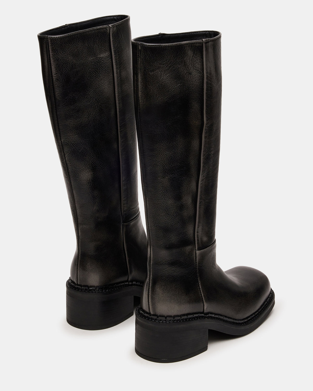 DAVOS Black Distressed Square-Toe Knee High Block Heel Women's Boot | Steve Madden
