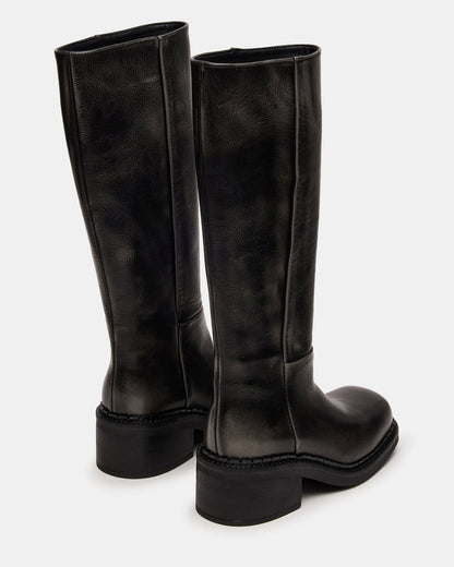 DAVOS Black Distressed Square-Toe Knee High Block Heel Women's Boot | Steve Madden