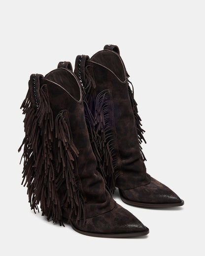 LANDMARK Brown Leopard Cuffed Fringe Western Women's Ankle Boot | Steve Madden