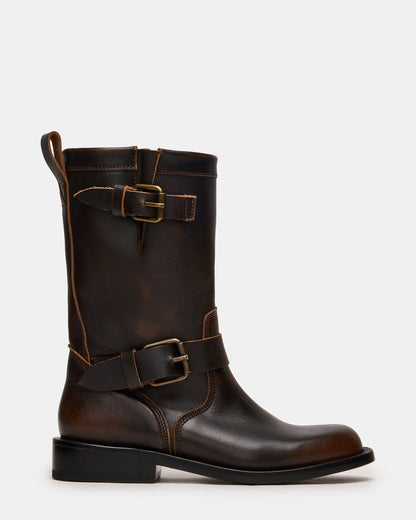 IRVING Black Distressed Buckle Moto Round-Toe Women's Boot | Steve Madden