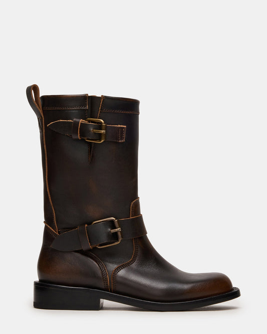 IRVING Black Distressed Buckle Moto Round-Toe Women's Boot | Steve Madden