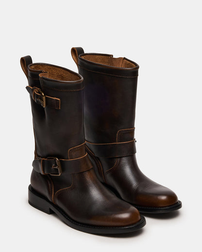 IRVING Black Distressed Buckle Moto Round-Toe Women's Boot | Steve Madden