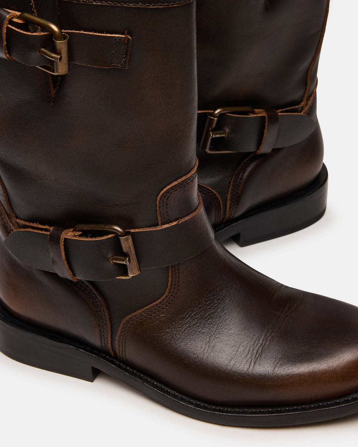 IRVING Black Distressed Buckle Moto Round-Toe Women's Boot | Steve Madden