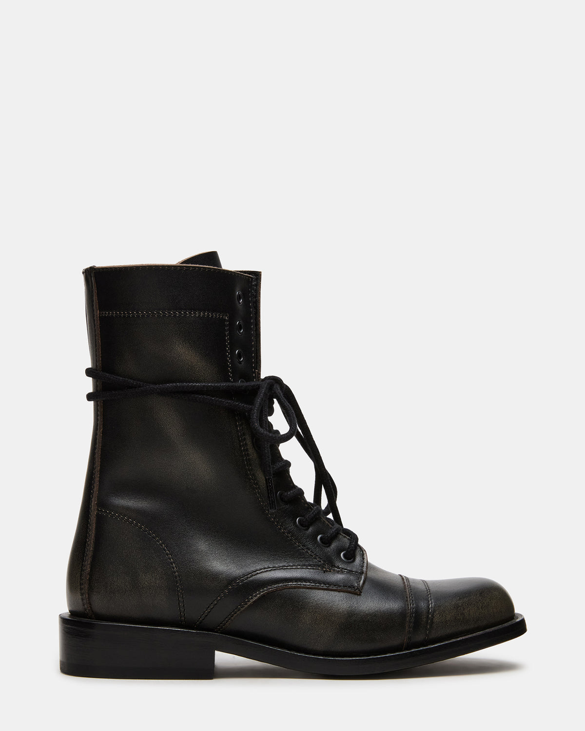 THERON Black Distressed Moto Combat Women's Ankle Boot | Steve Madden