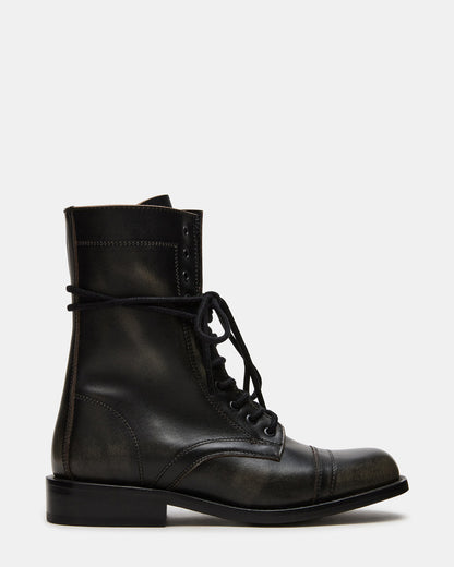 THERON Black Distressed Moto Combat Women's Ankle Boot | Steve Madden