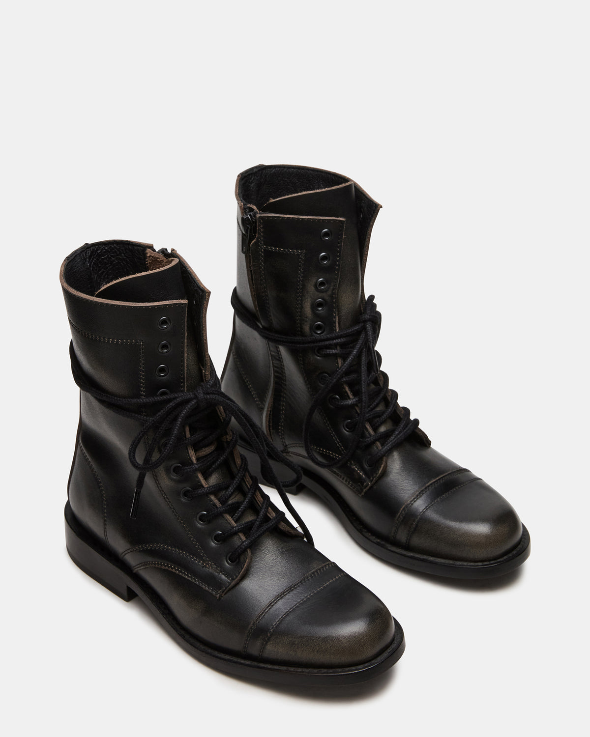 THERON Black Distressed Moto Combat Women's Ankle Boot | Steve Madden