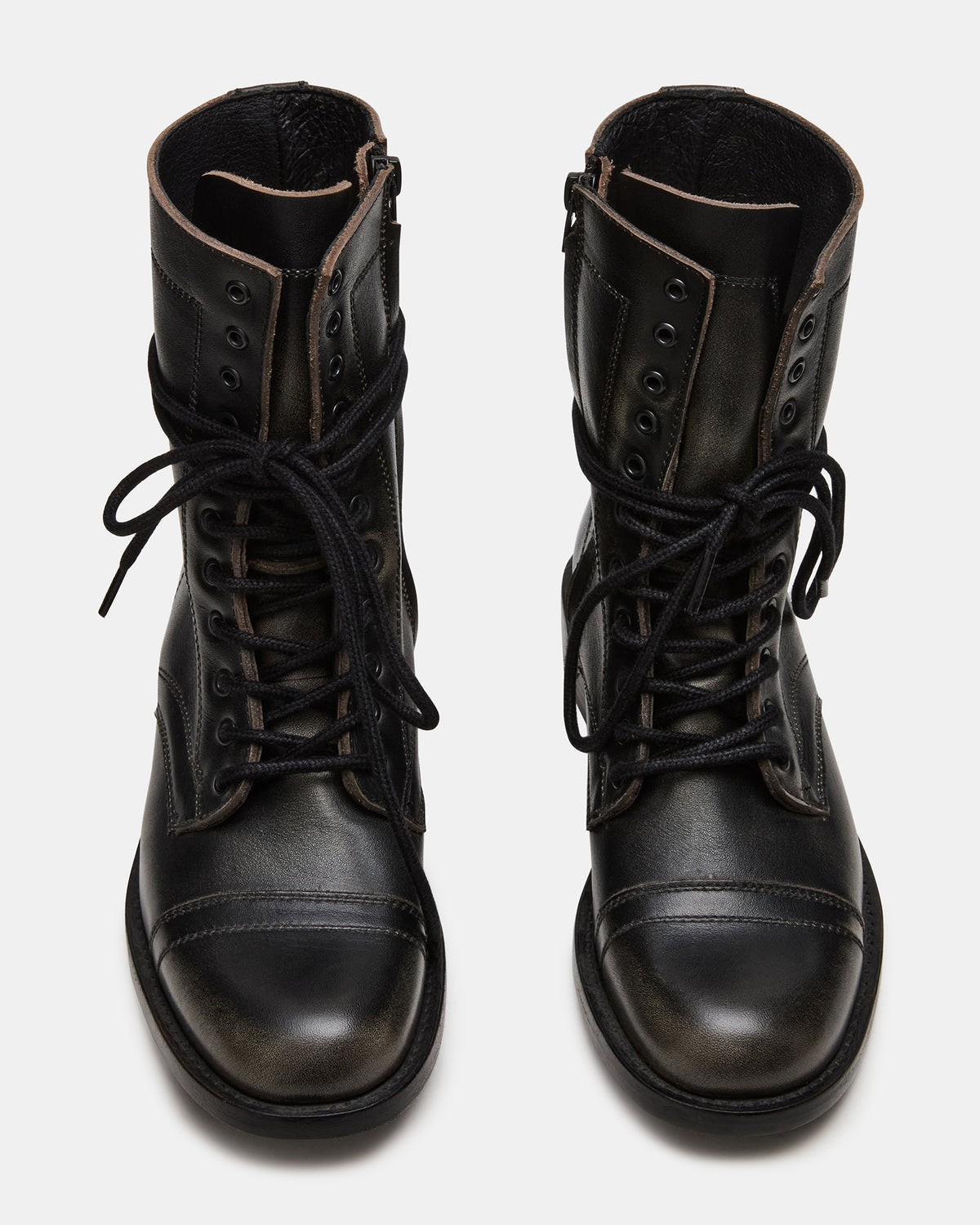 THERON Black Distressed Moto Combat Women's Ankle Boot | Steve Madden
