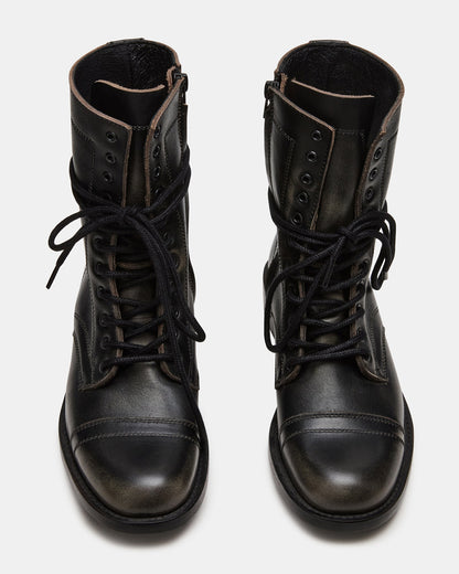 THERON Black Distressed Moto Combat Women's Ankle Boot | Steve Madden