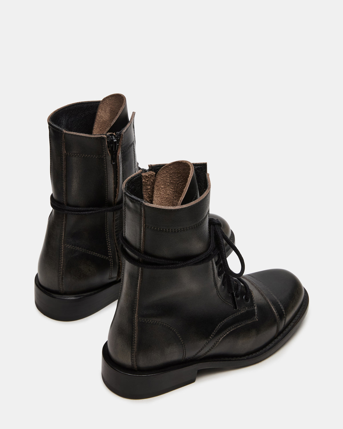 THERON Black Distressed Moto Combat Women's Ankle Boot | Steve Madden