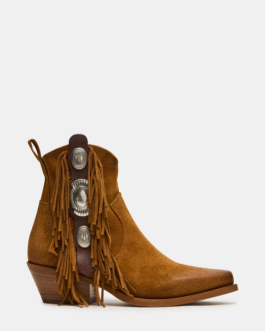 LARAMIE Chestnut Suede Fringe Western Pointed-Toe Women's Ankle Boot | Steve Madden