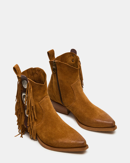 LARAMIE Chestnut Suede Fringe Western Pointed-Toe Women's Ankle Boot | Steve Madden