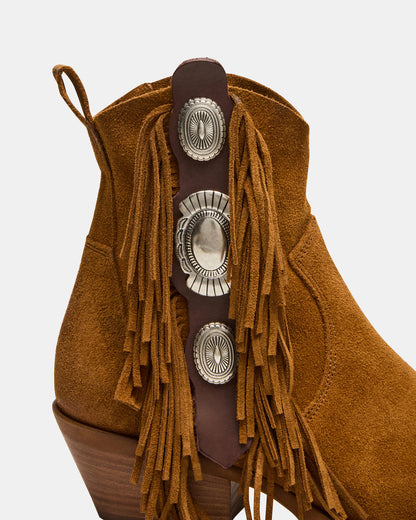 LARAMIE Chestnut Suede Fringe Western Pointed-Toe Women's Ankle Boot | Steve Madden