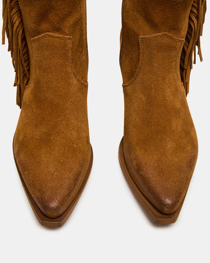 LARAMIE Chestnut Suede Fringe Western Pointed-Toe Women's Ankle Boot | Steve Madden