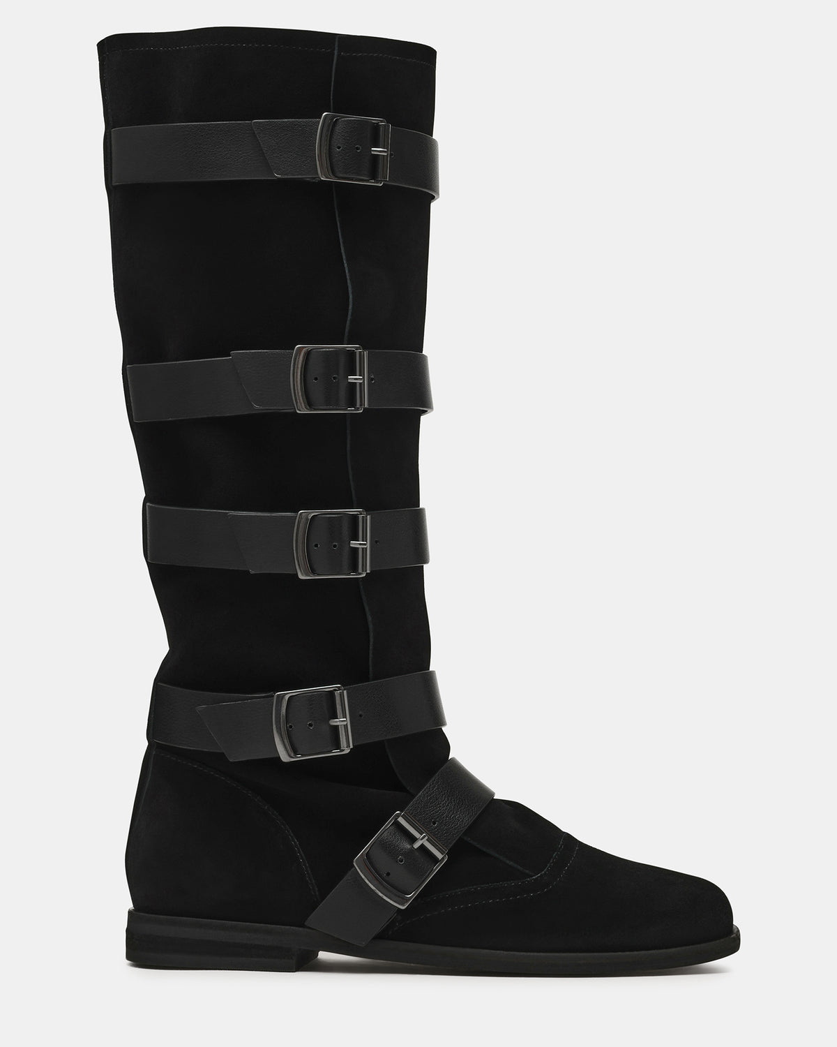 INDIO Black Suede Buckle Strap Knee-High Round-Toe Women's Boot | Steve Madden