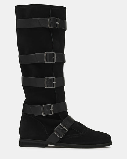 INDIO Black Suede Buckle Strap Knee-High Round-Toe Women's Boot | Steve Madden