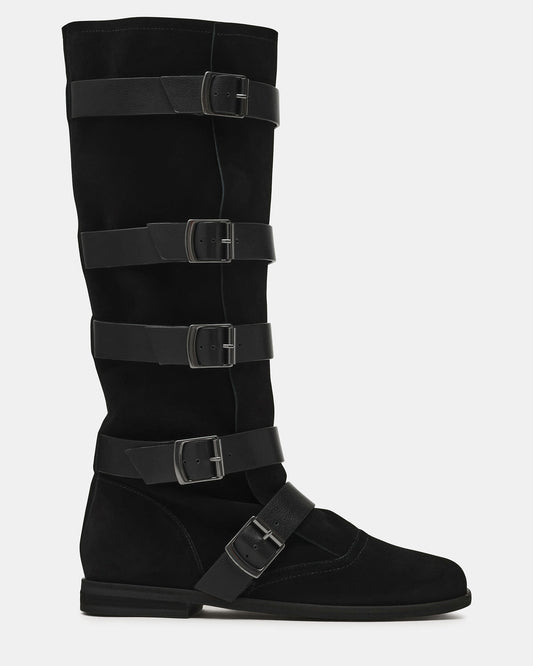 INDIO Black Suede Buckle Strap Knee-High Round-Toe Women's Boot | Steve Madden