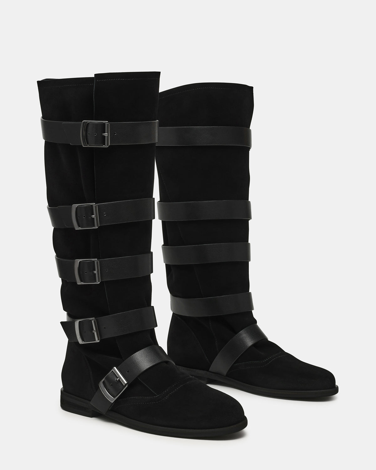 INDIO Black Suede Buckle Strap Knee-High Round-Toe Women's Boot | Steve Madden