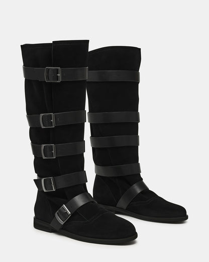 INDIO Black Suede Buckle Strap Knee-High Round-Toe Women's Boot | Steve Madden