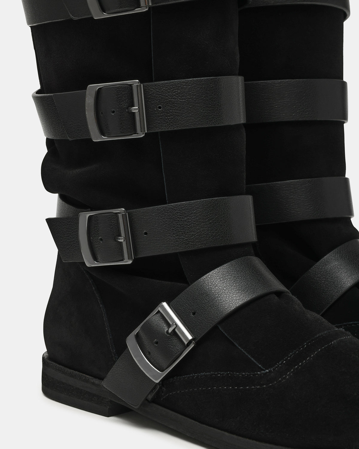 INDIO Black Suede Buckle Strap Knee-High Round-Toe Women's Boot | Steve Madden