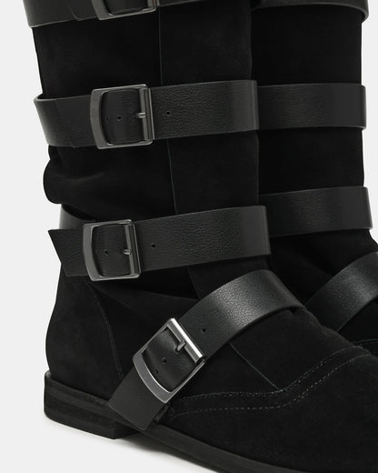 INDIO Black Suede Buckle Strap Knee-High Round-Toe Women's Boot | Steve Madden