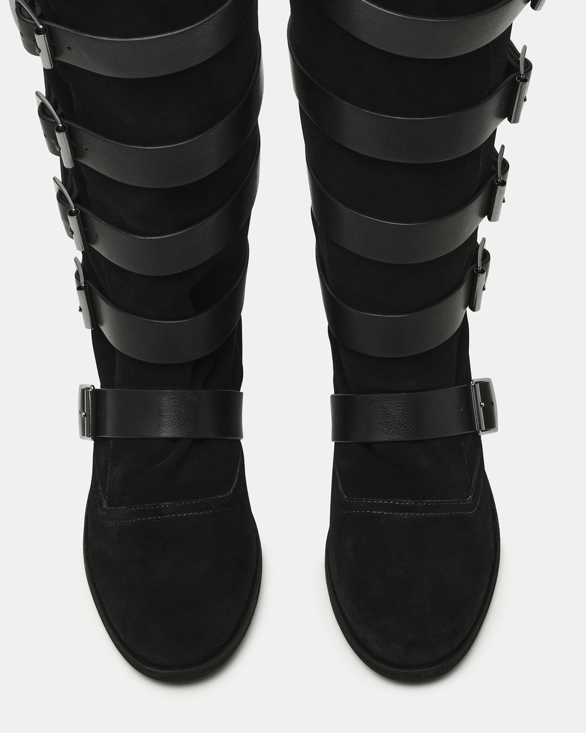 INDIO Black Suede Buckle Strap Knee-High Round-Toe Women's Boot | Steve Madden
