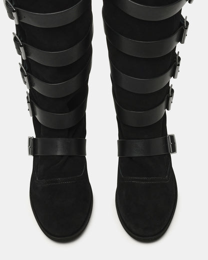 INDIO Black Suede Buckle Strap Knee-High Round-Toe Women's Boot | Steve Madden