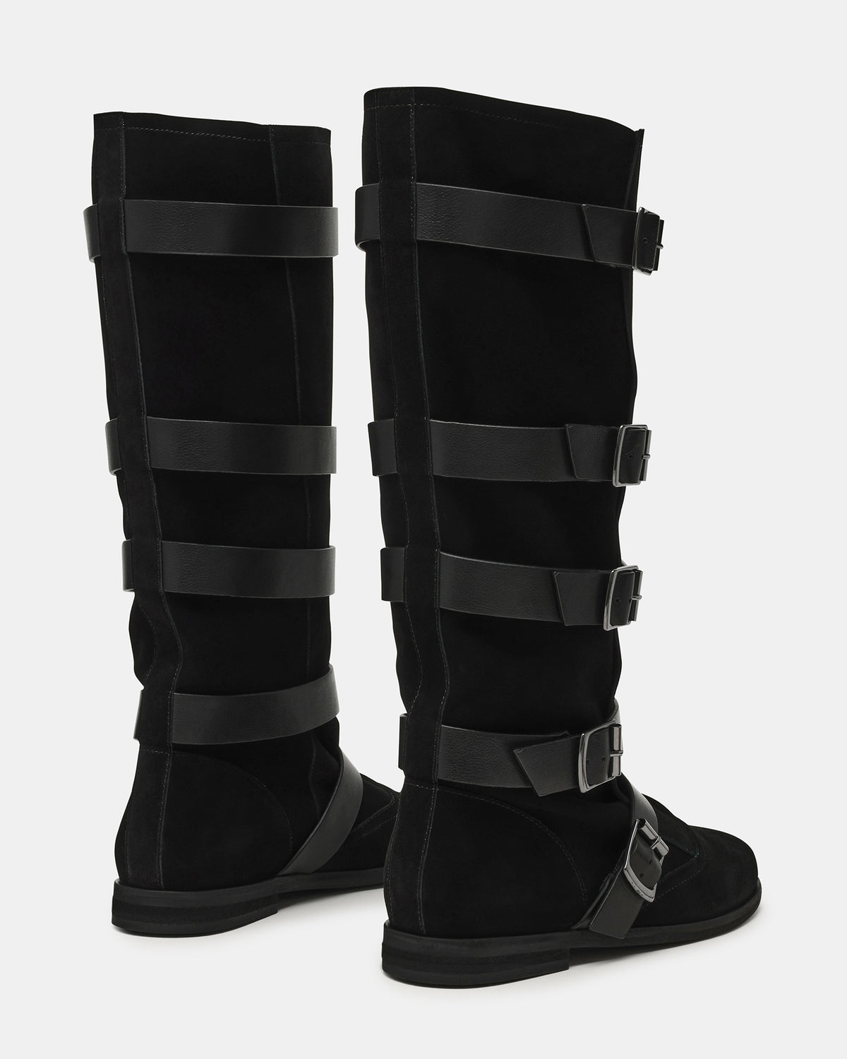 INDIO Black Suede Buckle Strap Knee-High Round-Toe Women's Boot | Steve Madden