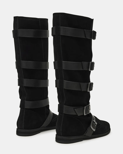 INDIO Black Suede Buckle Strap Knee-High Round-Toe Women's Boot | Steve Madden