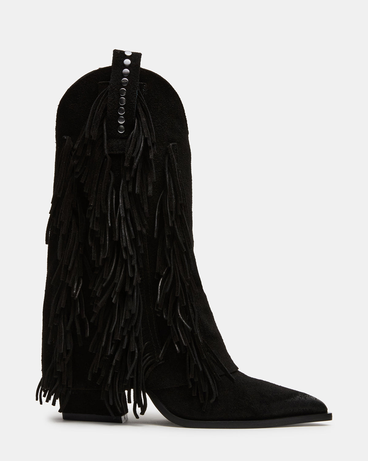 LANDMARK Black Suede Cuffed Fringe Western Women's Ankle Boot | Steve Madden