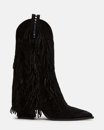 LANDMARK Black Suede Cuffed Fringe Western Women's Ankle Boot | Steve Madden