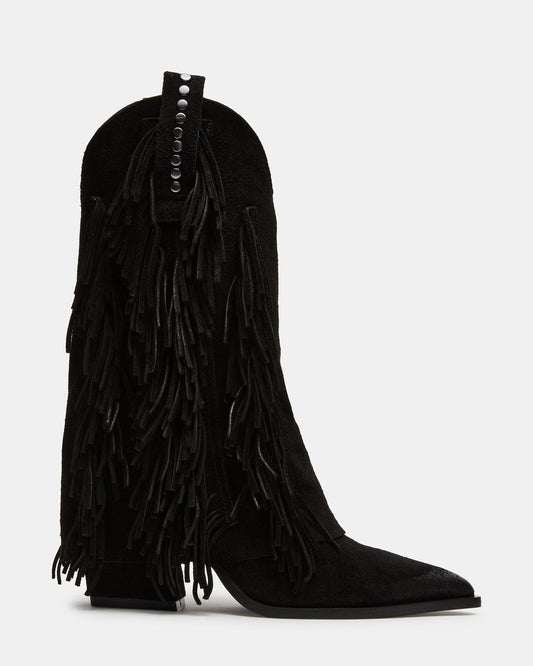 LANDMARK Black Suede Cuffed Fringe Western Women's Ankle Boot | Steve Madden