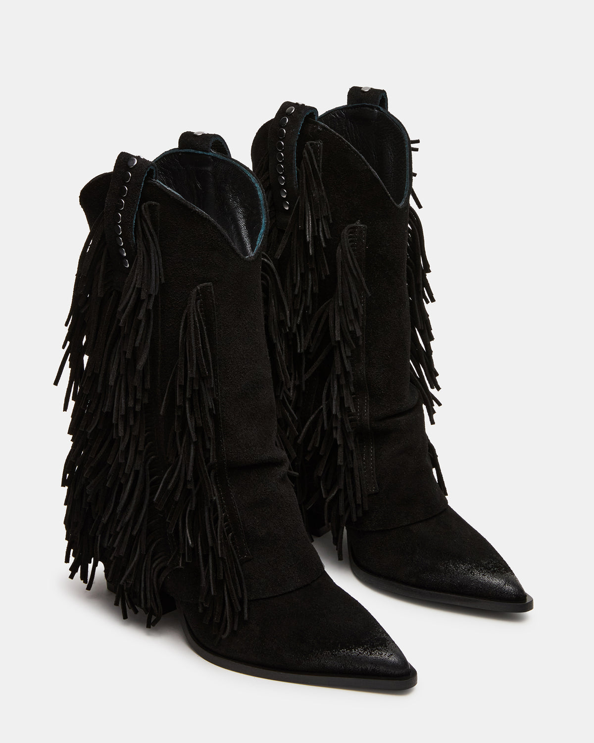 LANDMARK Black Suede Cuffed Fringe Western Women's Ankle Boot | Steve Madden