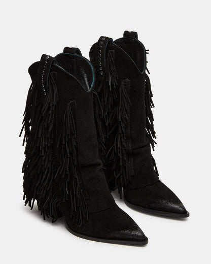 LANDMARK Black Suede Cuffed Fringe Western Women's Ankle Boot | Steve Madden