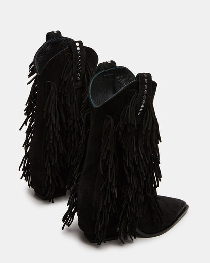 LANDMARK Black Suede Cuffed Fringe Western Women's Ankle Boot | Steve Madden