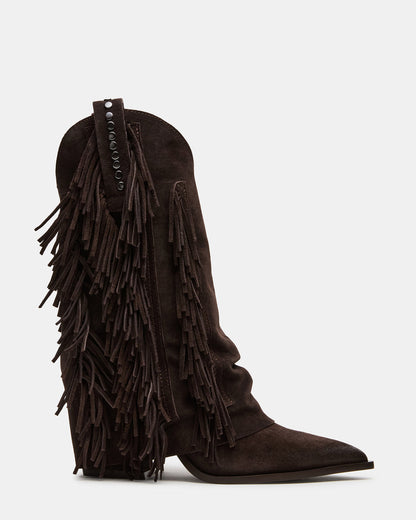 LANDMARK Brown Suede Cuffed Fringe Western Women's Ankle Boot | Steve Madden