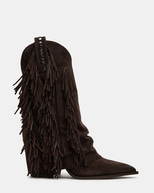 LANDMARK Brown Suede Cuffed Fringe Western Women's Ankle Boot | Steve Madden