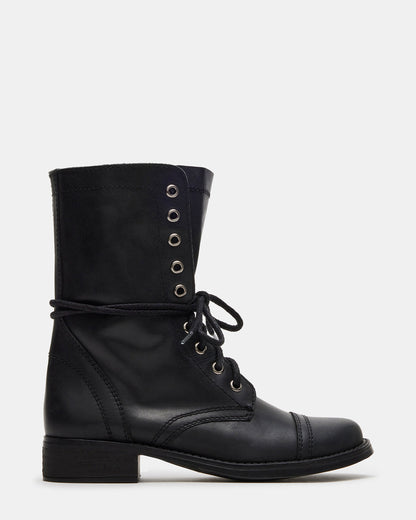 TROOPA3.0 Black Leather Women's Moto Combat Ankle Boot | Steve Madden