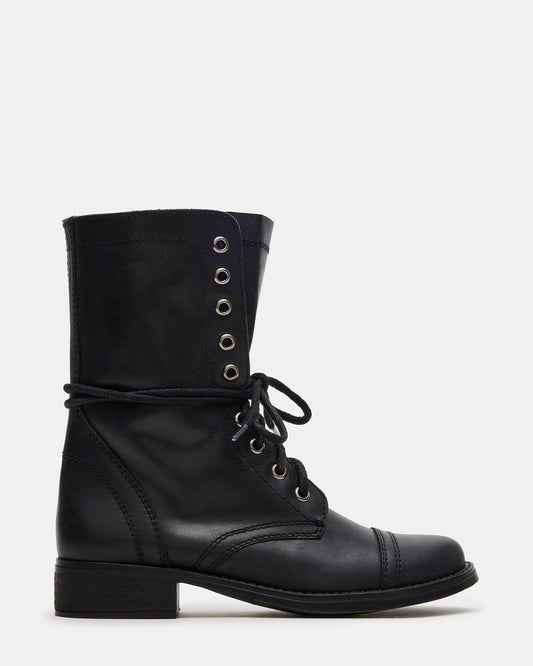 TROOPA3.0 Black Leather Women's Moto Combat Ankle Boot | Steve Madden
