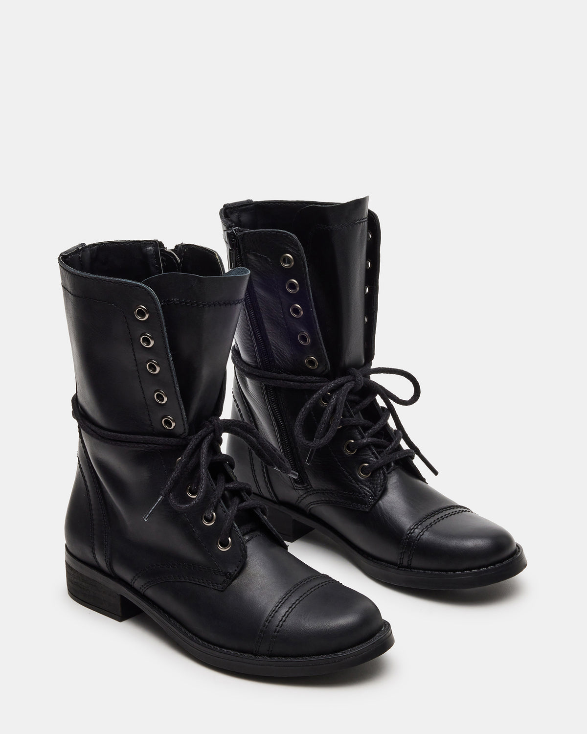 TROOPA3.0 Black Leather Women's Moto Combat Ankle Boot | Steve Madden