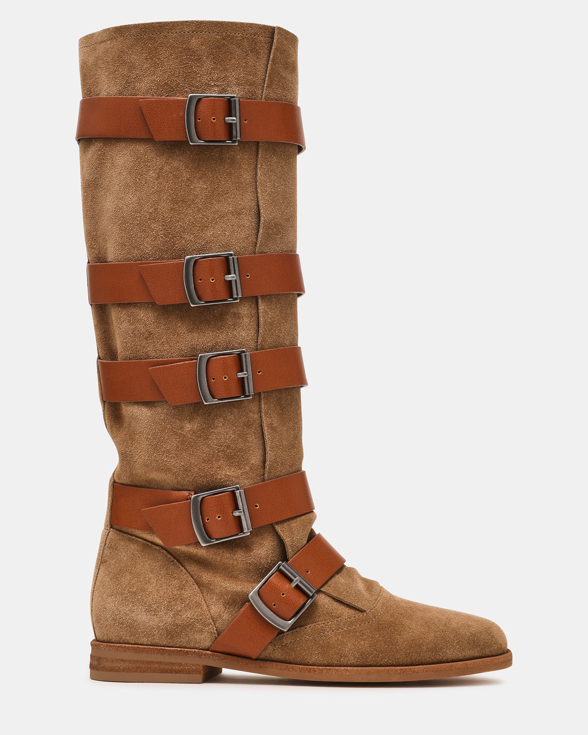 INDIO Tan Suede Buckle Strap Knee-High Round-Toe Women's Boot | Steve Madden
