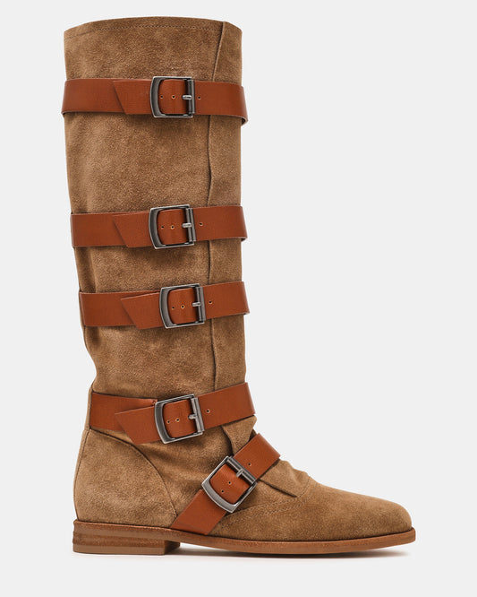 INDIO Tan Suede Buckle Strap Knee-High Round-Toe Women's Boot | Steve Madden
